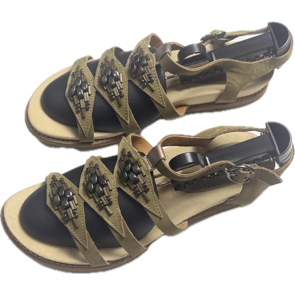 Earthies Women Olive Green Leather Beaded Gladiator Sandals Low Wedge 7.5